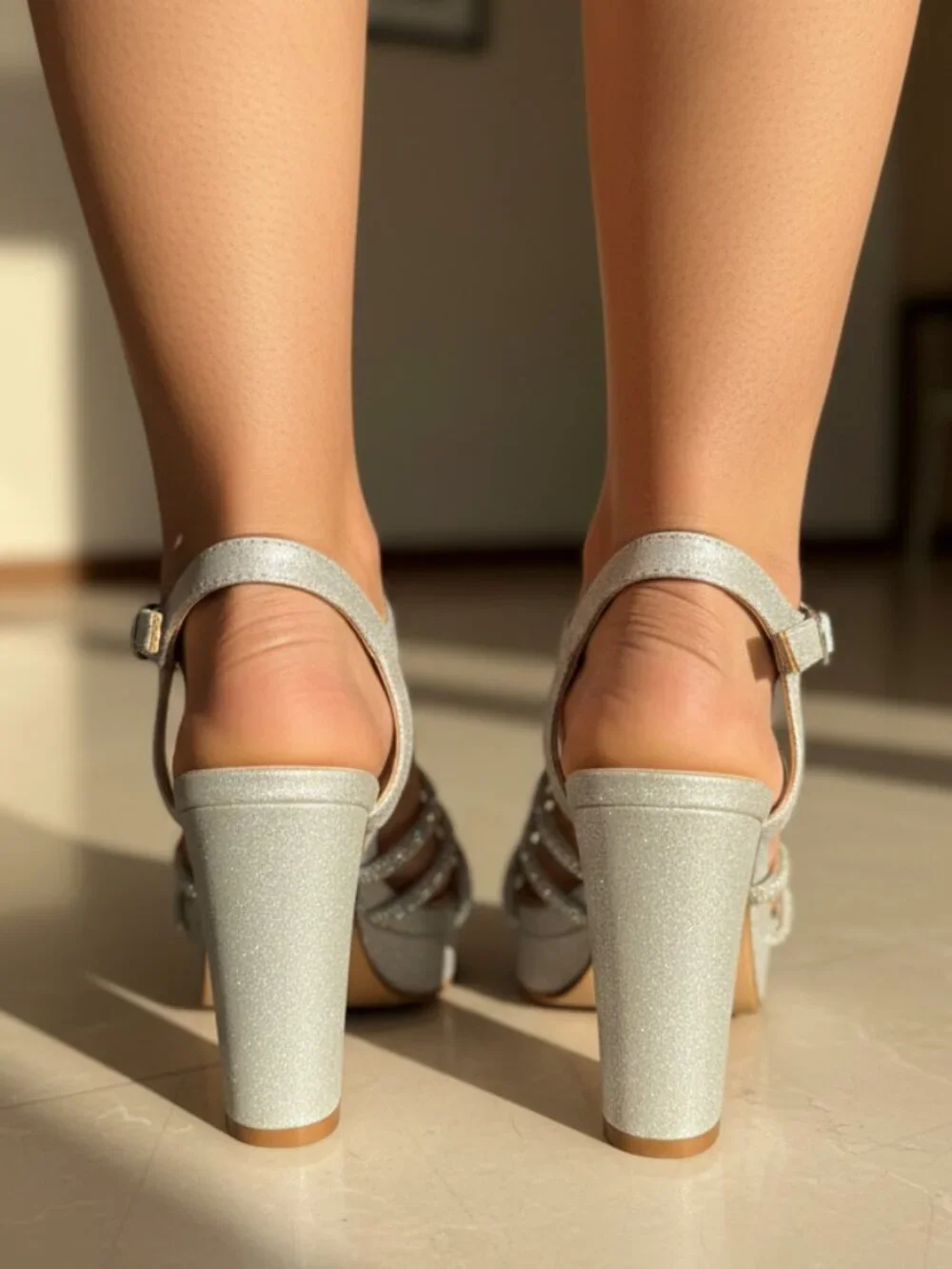 NWT Pazzle Silver Glitter Rhinestone Ankle Strap Platform Heels